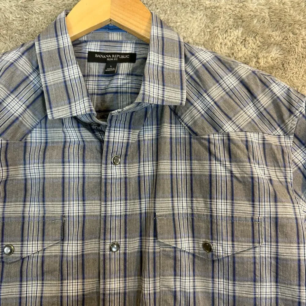 Banana Republic Slim Fit Blue Gray Plaid Check Western Shirt Peral Snap L Large